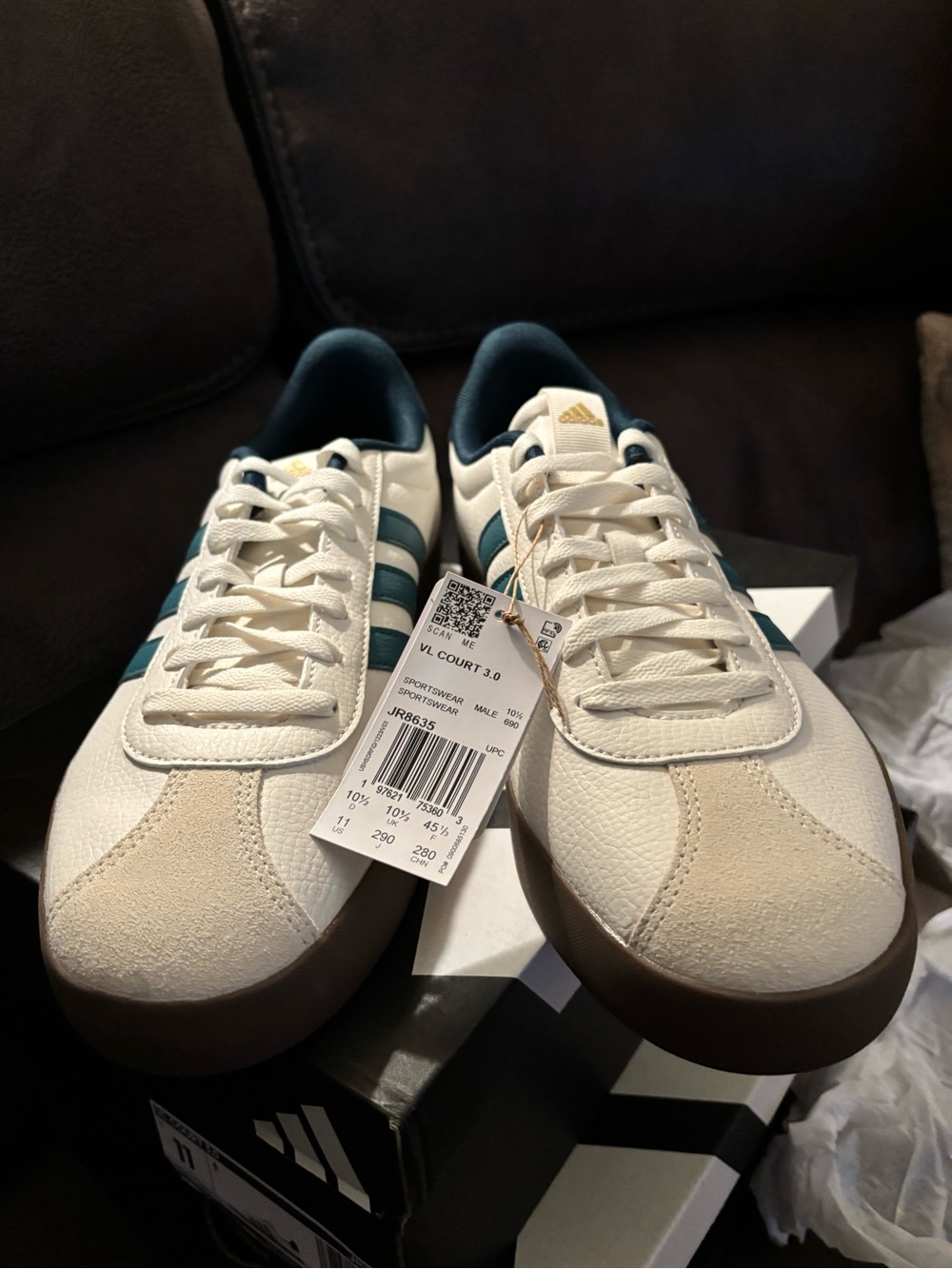 adidas VL Court 3.0 Men's Sneakers — White with Teal Accents and Gum Sole